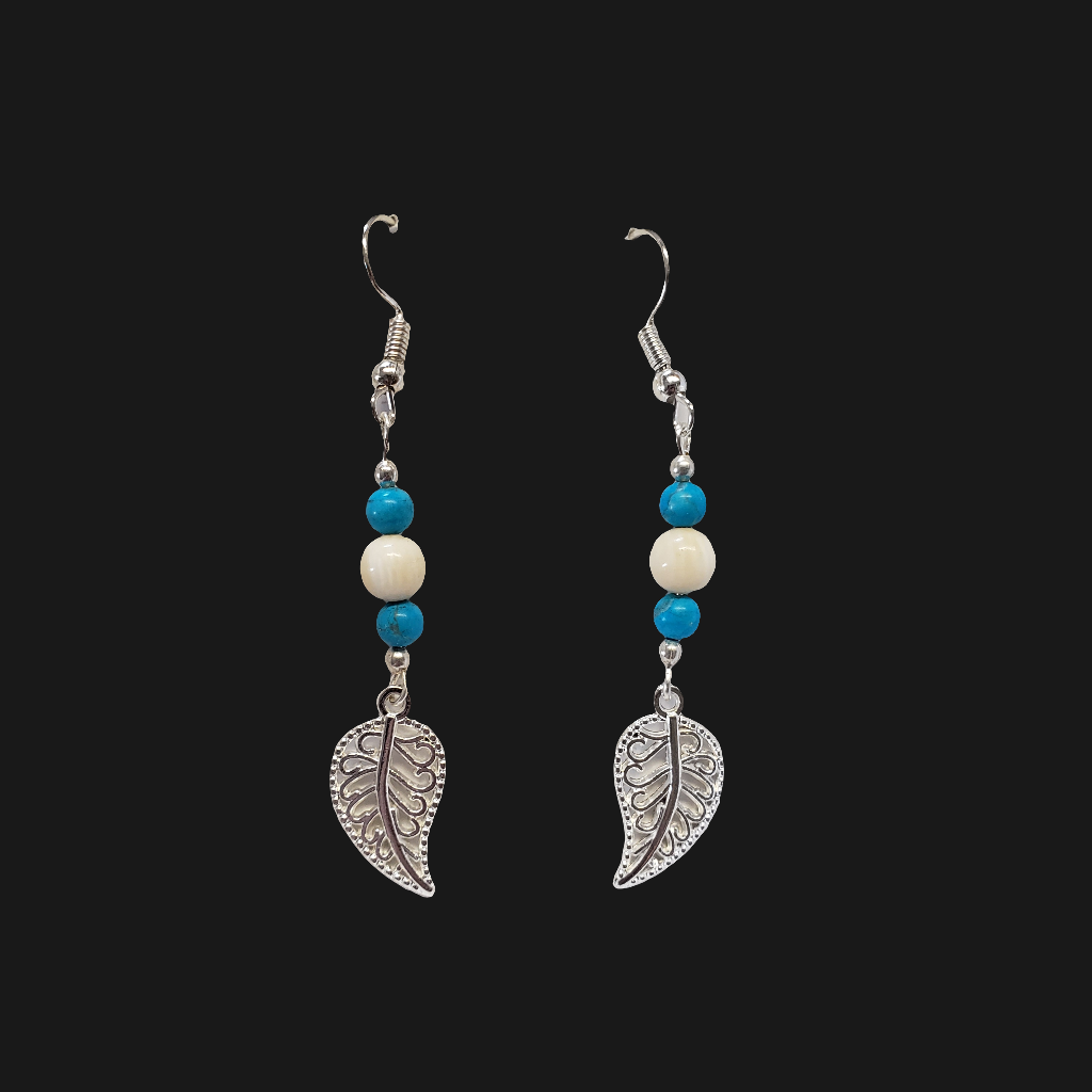 Silver Feather Mammoth Ivory Bead Earrings