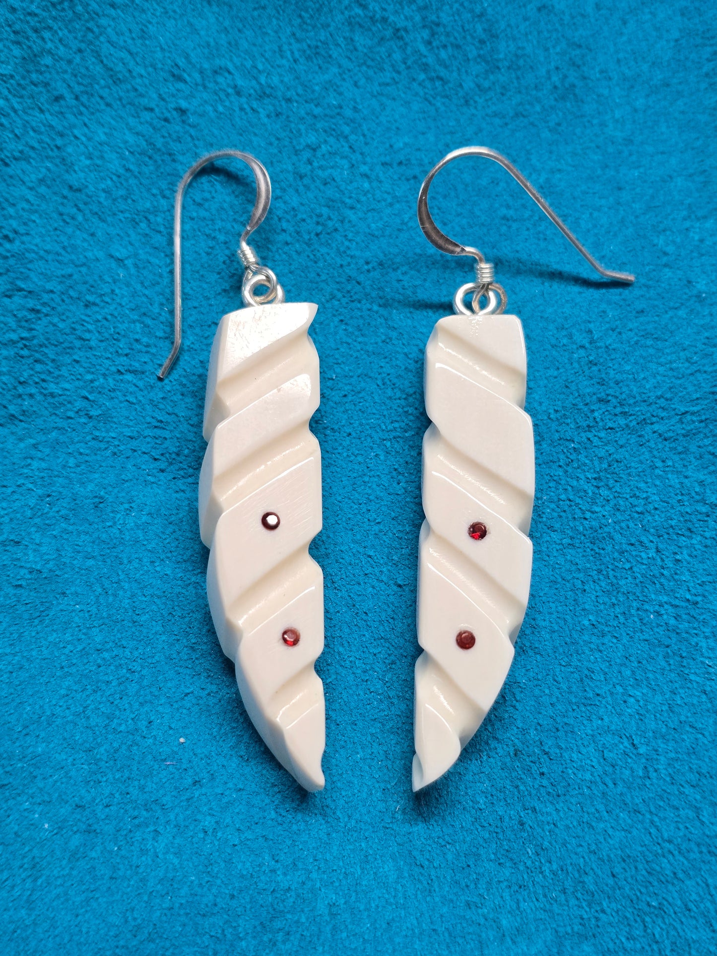 Hand Carved, Fossil Walrus Ivory & Ruby, Sterling Silver, Earrings