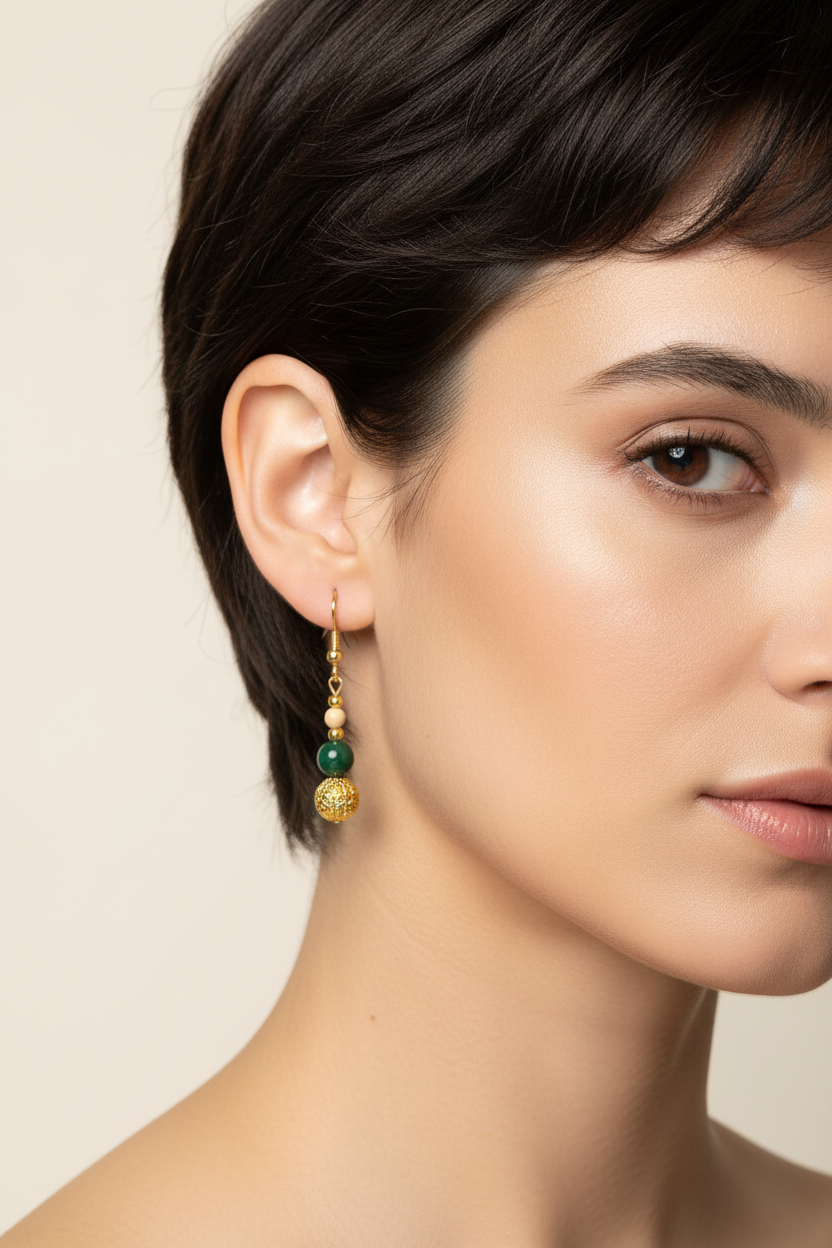 Jade and Light Colored Fossil Mammoth Ivory Bead Earrings