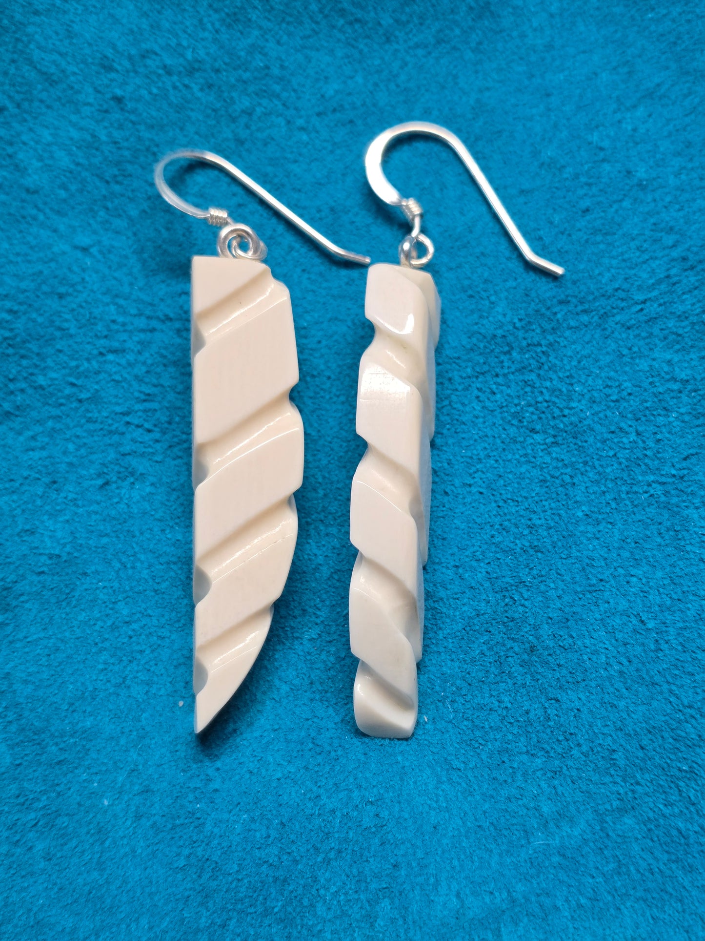 Hand Carved, Fossil Walrus Ivory & Ruby, Sterling Silver, Earrings