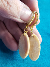 Load image into Gallery viewer, This pair of 3000 year old Alaskan Fossil Walrus Ivory Earrings are simple but yet elegant with fance gold plated ear wires. 1&quot;x.50&quot;
