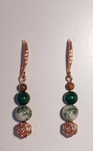 Load image into Gallery viewer, Copper Mammoth Ivory Earrings highlighted with Malachite.
