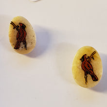 Load image into Gallery viewer, These Scrimshawed Alaskan Fossil Walrus Ivory Post Earrings are tiny. 1/4&quot;×1/2&quot; in size by unknown artist in the middle of last century. 
