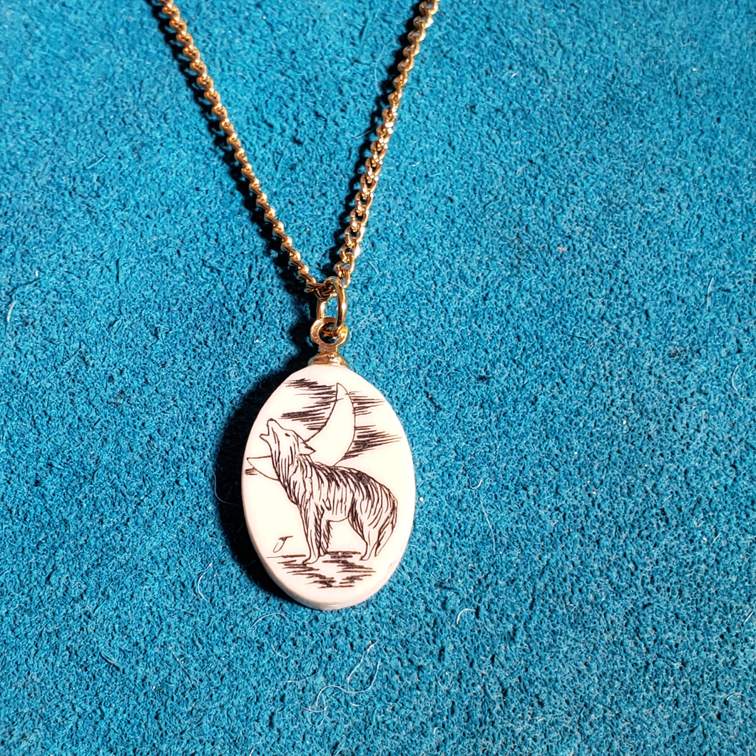 Scrimshawed Wolf on Fossil Walrus Ivory Necklace