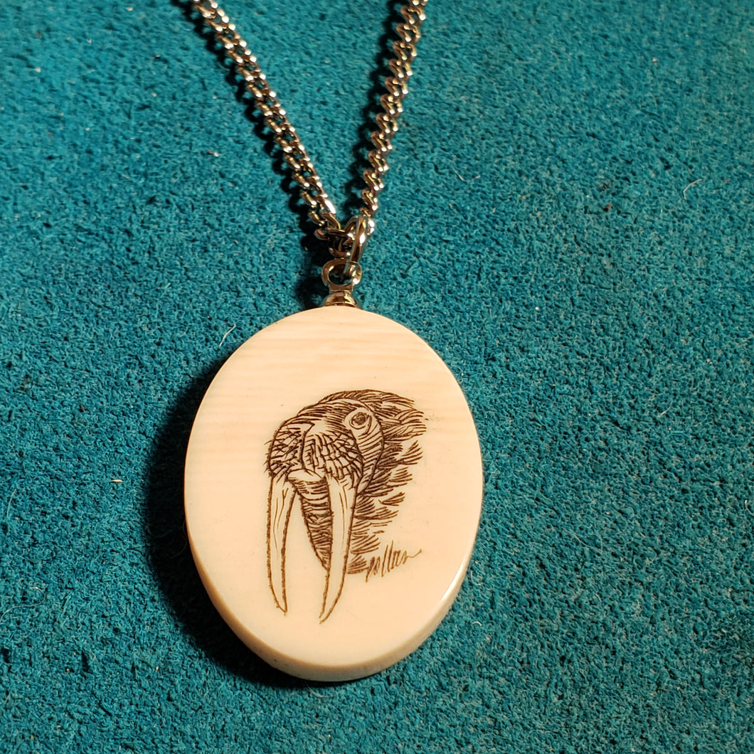 Fossil Walrus Ivory Scrimshawed Walrus Necklace