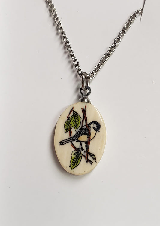 Fossil Walrus Ivory Chick-a-dee Scrimshaw Necklace