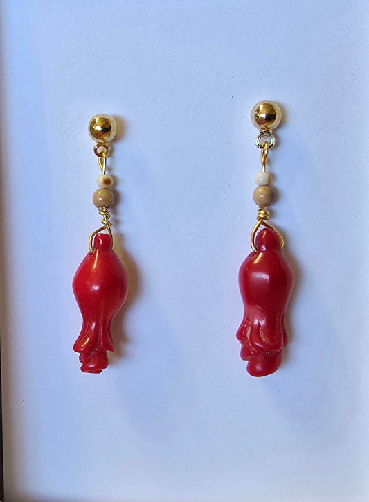 Italian Red Coral Fossil Mammoth Ivory Earrings