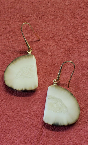 These one-inch Fossil Walrus Ivory Earrings were crafted from a broken artifact discovered on the Bering Sea beaches of Alaska. The age of the ivory is undetermined.