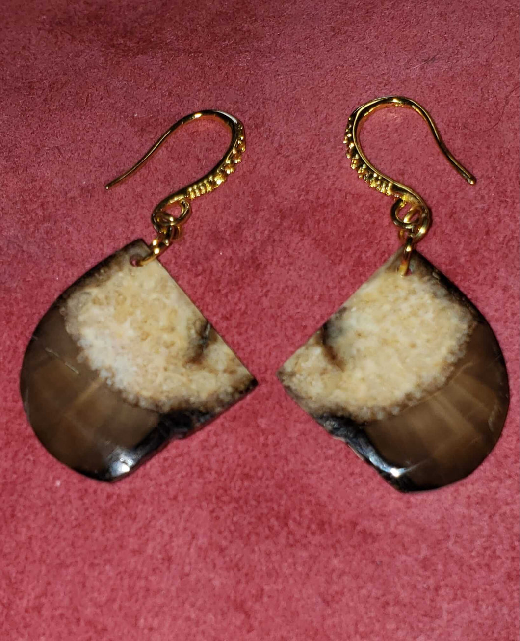 This pair of Fossil Walrus Ivory Earrings in Ancient, Estimated to be 20-30,000+ years of age and because the ivory itself is imperious to water, it takes at least 10,000 to gain any color at all.  All naturally colored, raw edge. RARE.  This Fossil Walrus Ivory was found along the Bering Sea Coast in Alaska