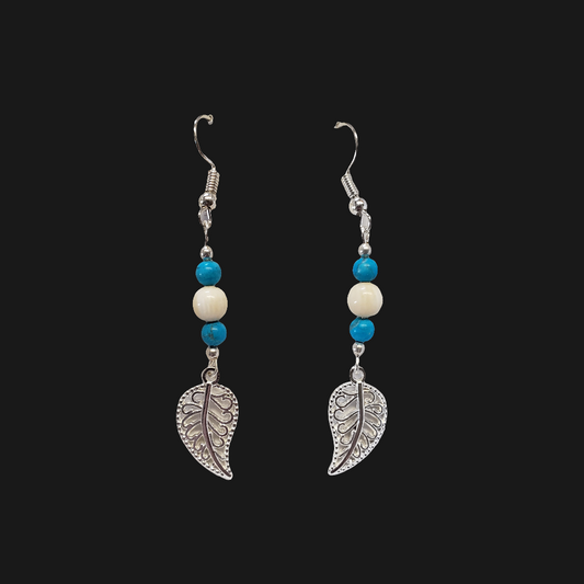 Silver Feather Mammoth Ivory Bead Earrings
