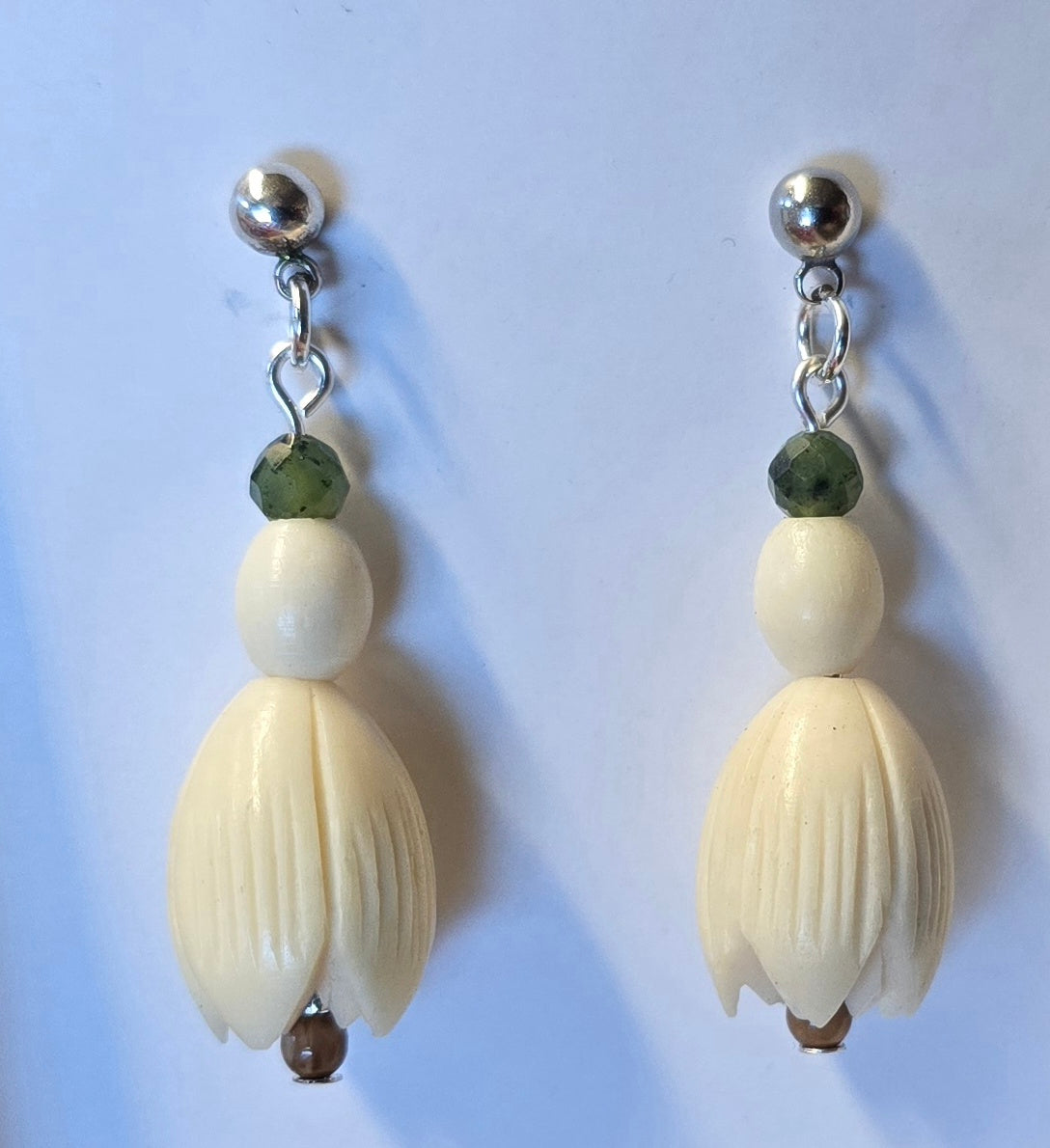 Hand carved Fossil Mammoth Ivory Hawaiian Pikake bead earrings