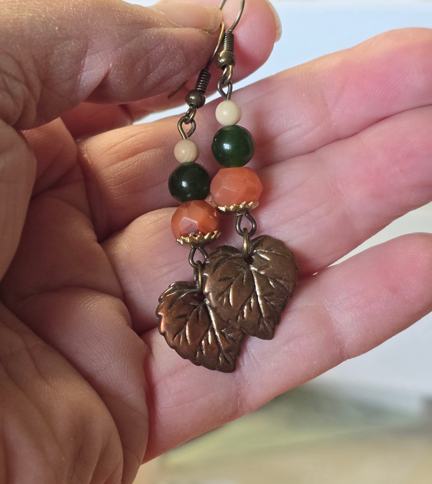Bronze, Carnelian, Jade, Fossil Mammoth Ivory Earrings