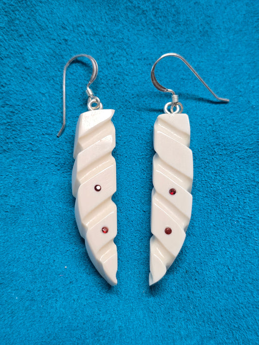 Hand Carved, Fossil Walrus Ivory & Ruby, Sterling Silver, Earrings