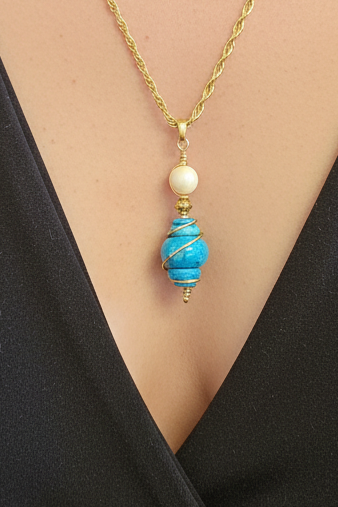 Antique Mammoth Ivory and Turquoise Matrix Bead Necklace