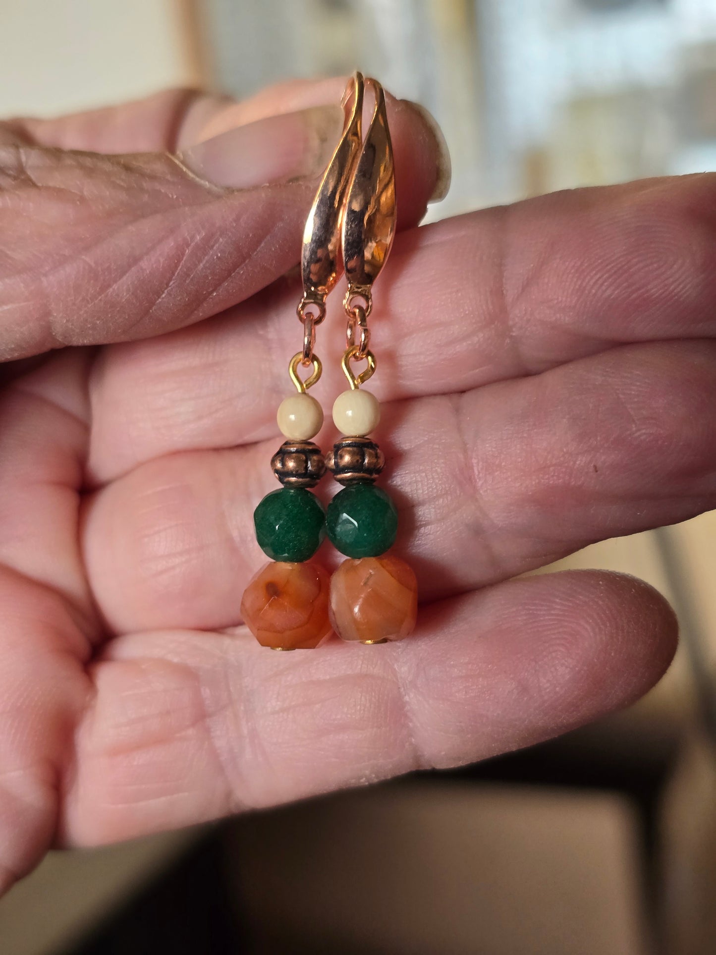 Copper, Jade, Carnelian, Fossil Mammoth Ivory Bead Earrings