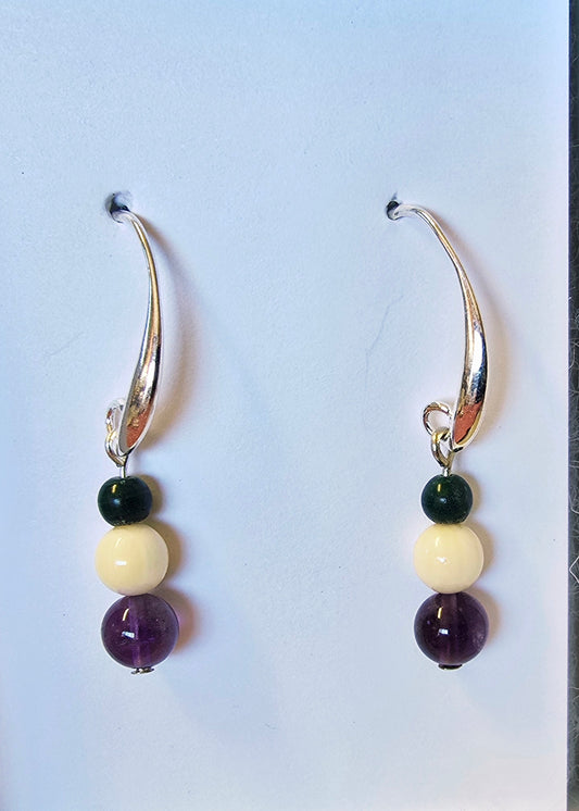 Amethyst, Fossil Mammoth lvory, and Jade Bead Earrings