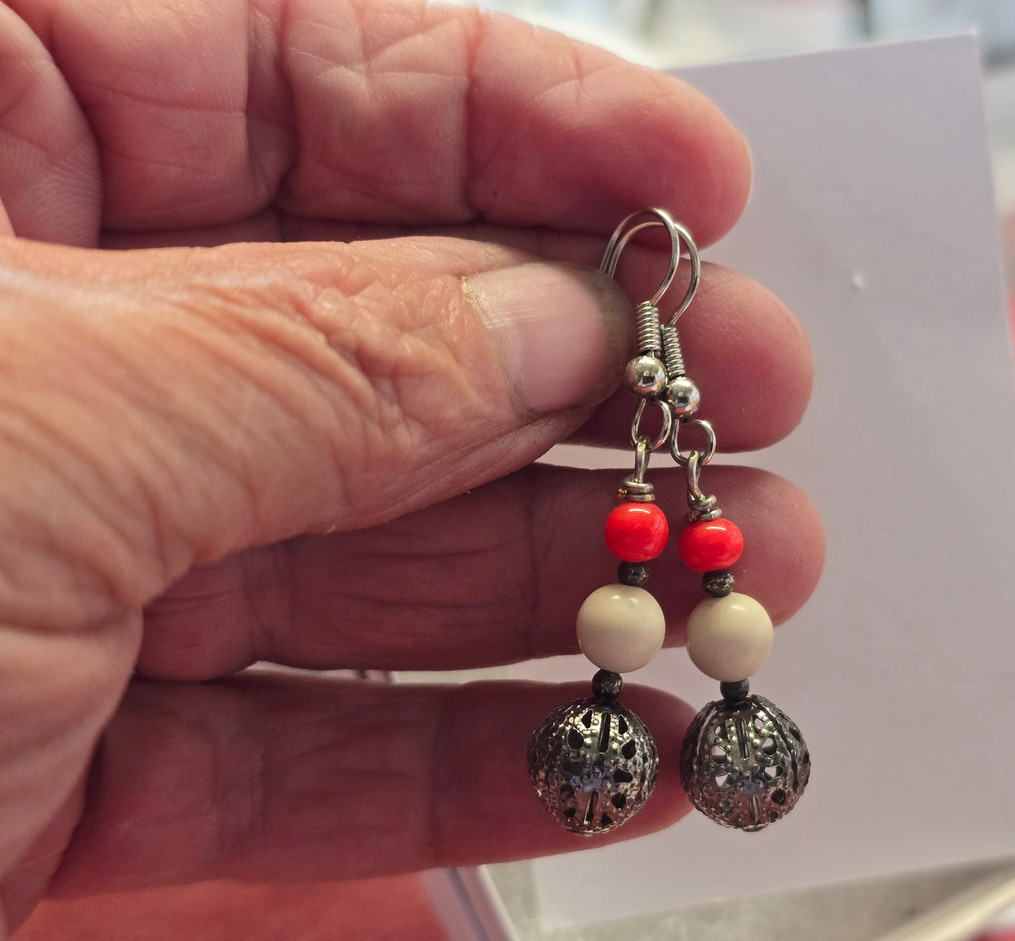 Mammoth Ivory, Red Coral & Handmade Silver Bead Earrings