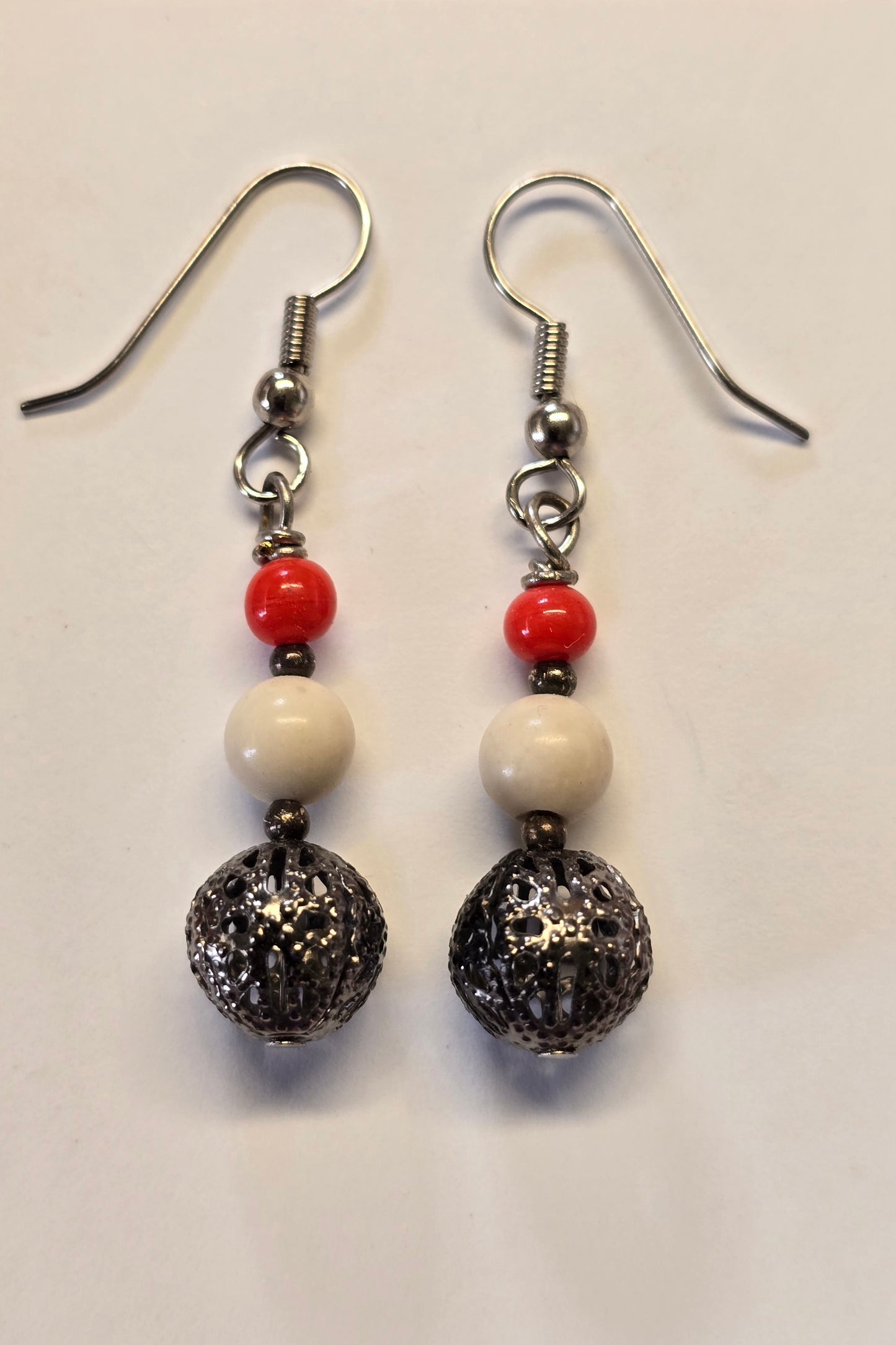 Mammoth Ivory, Red Coral & Handmade Silver Bead Earrings