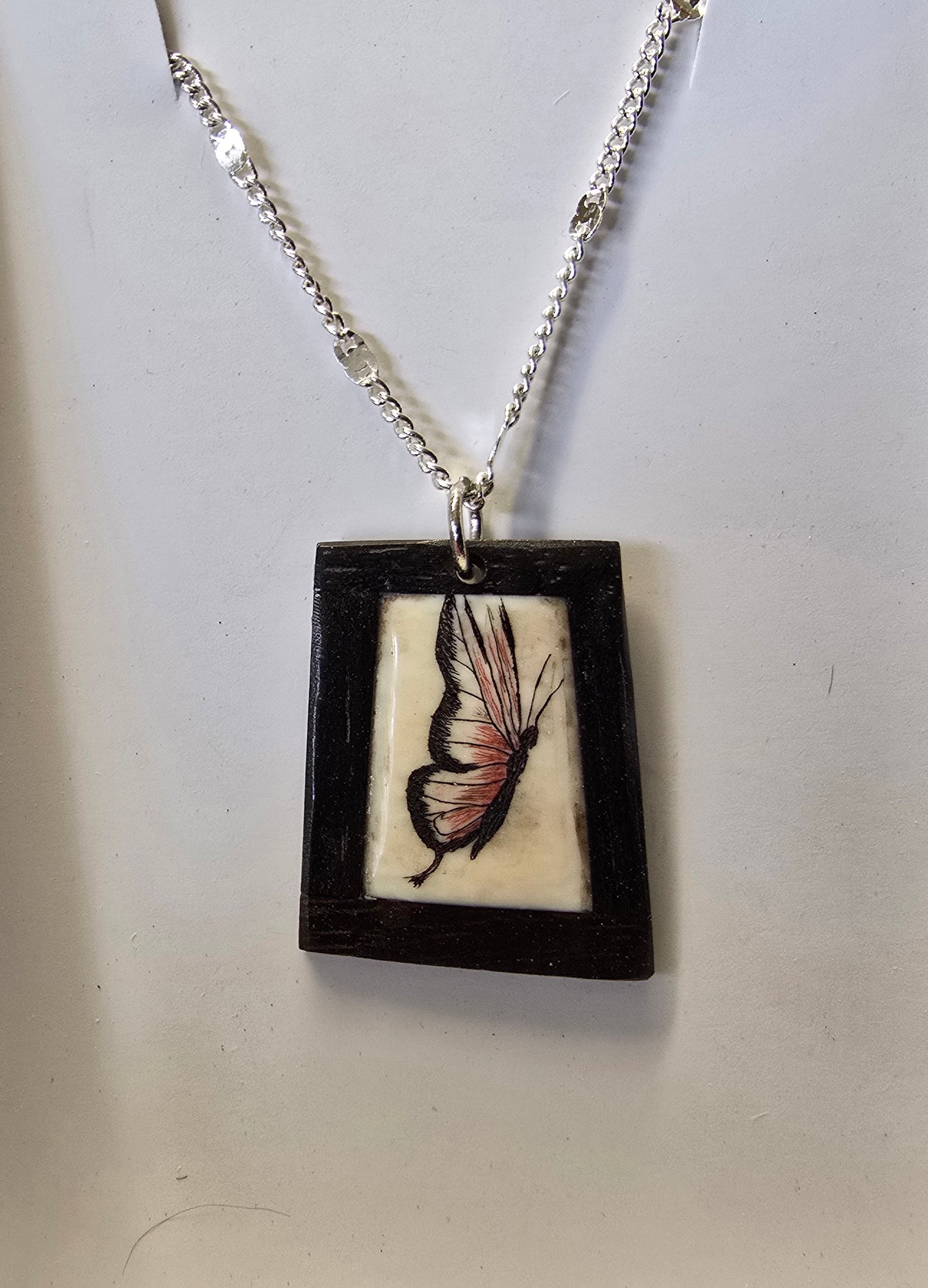 Antique Scrimshaw Butterfly Necklace