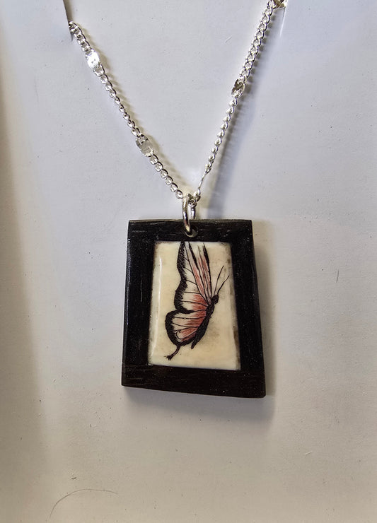 Antique Scrimshaw Butterfly Necklace